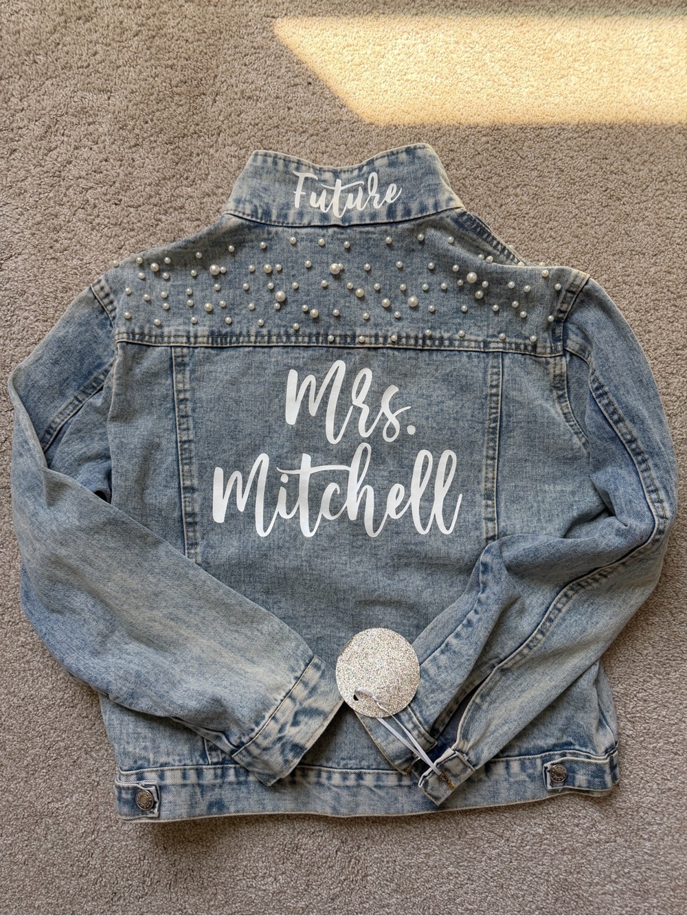 Mrs. Mitchell Custom Denim Jacket with Pearl Embellishments - Light Blue